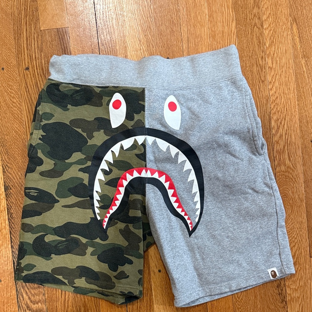 Bape Two-Tone Camo & Gray Shark-Graphic Shorts